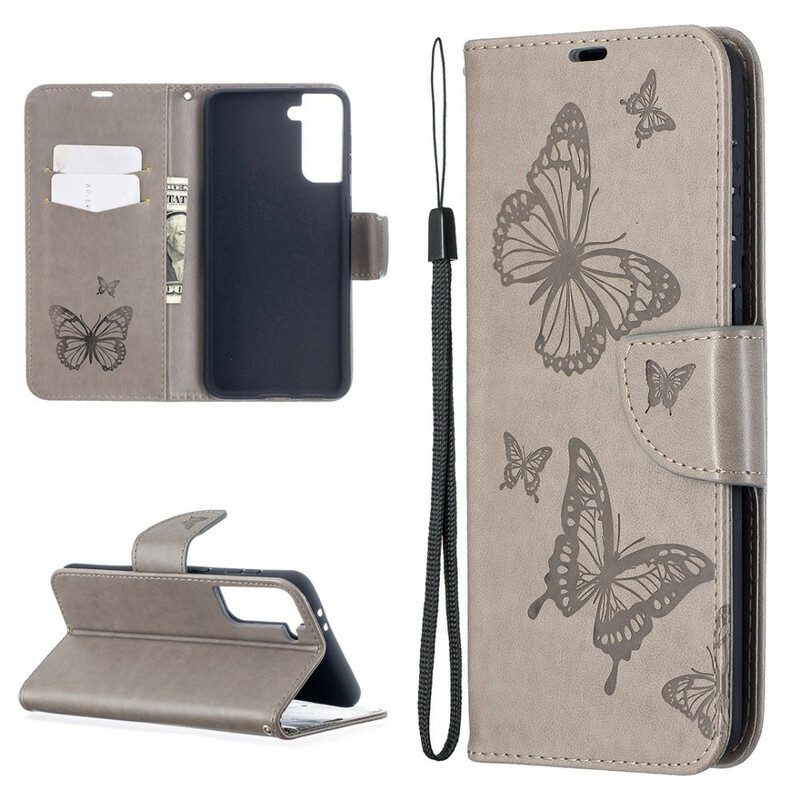 Custodia in pelle Samsung Galaxy S21 Plus 5G Folio Cover Farfalle E Lembo Obliquo