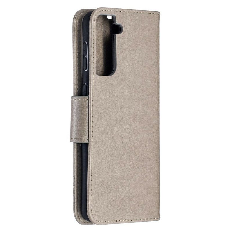 Custodia in pelle Samsung Galaxy S21 Plus 5G Folio Cover Farfalle E Lembo Obliquo