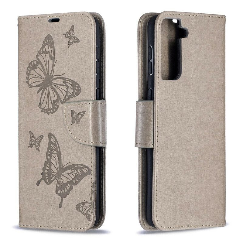 Custodia in pelle Samsung Galaxy S21 Plus 5G Folio Cover Farfalle E Lembo Obliquo