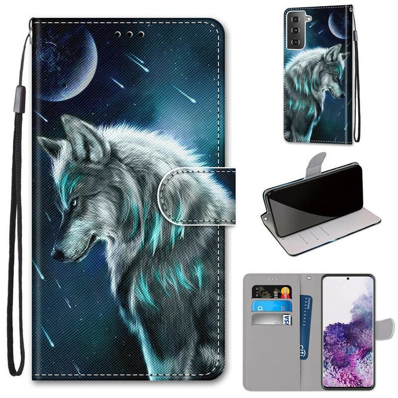 Folio Cover Samsung Galaxy S21 Plus 5G Lupo Sotto Una Pioggia Di Stelle