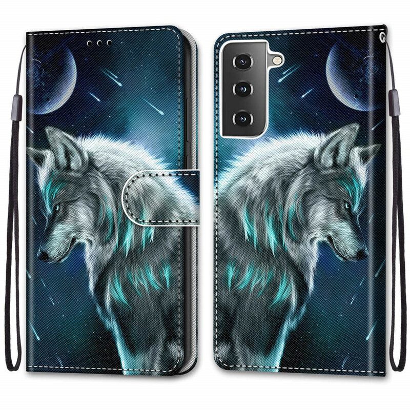 Folio Cover Samsung Galaxy S21 Plus 5G Lupo Sotto Una Pioggia Di Stelle