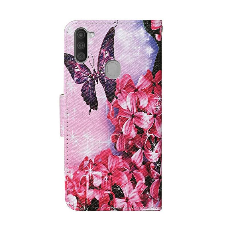 Custodia A Portafoglio Samsung Galaxy M11 Cordino Floreale Con Farfalle