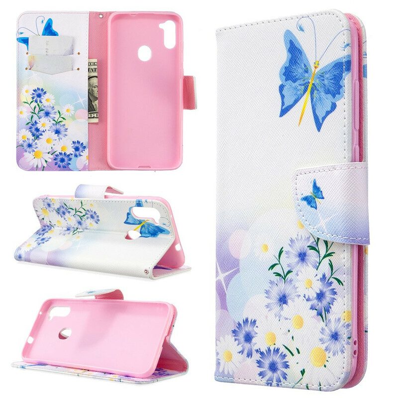 Custodia in pelle Samsung Galaxy M11 Farfalle E Fiori Dipinti