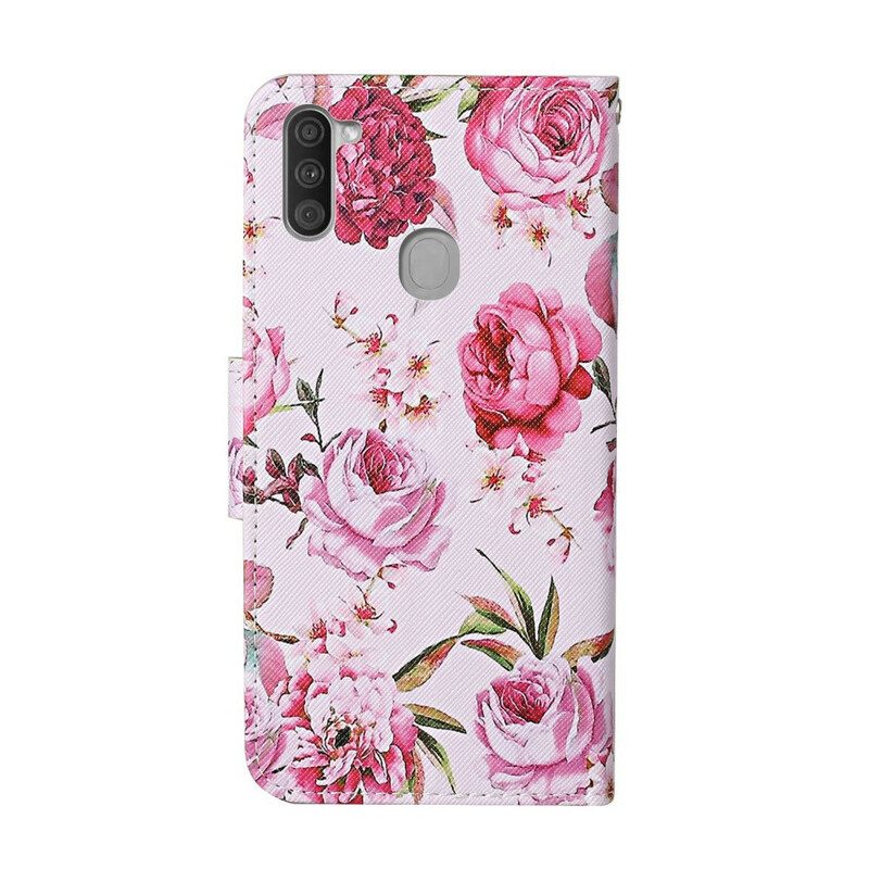 Custodia in pelle Samsung Galaxy M11 Fiori Magistrali Con Cinturino