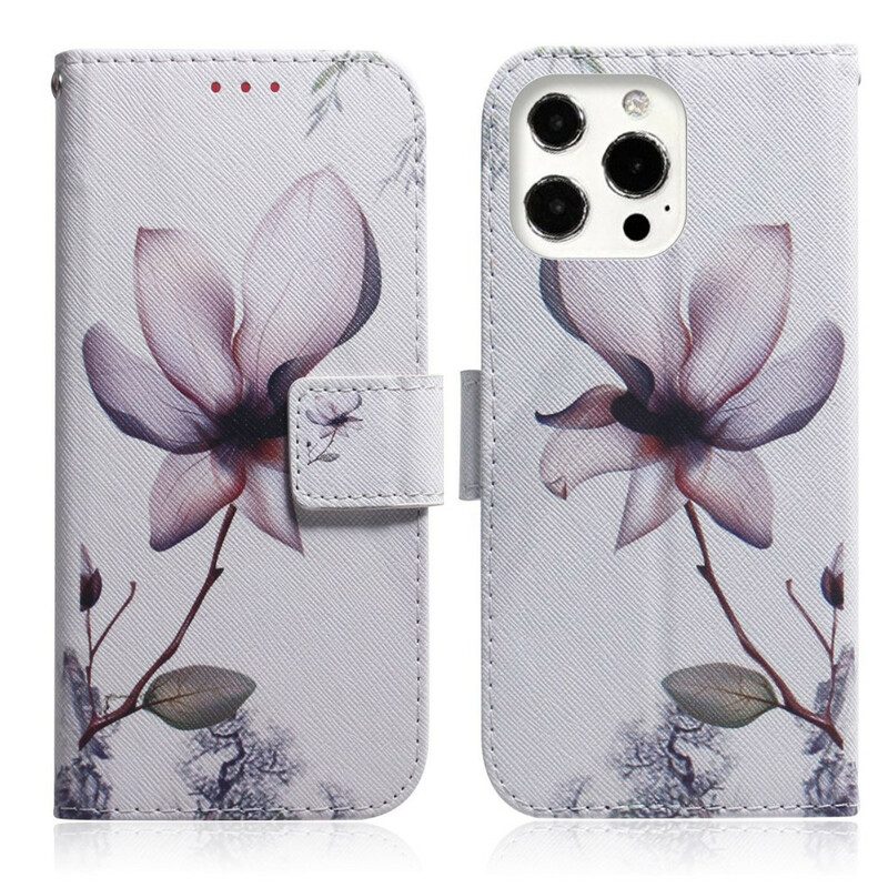 Custodia A Portafoglio iPhone 13 Pro Fiore Rosa Polveroso