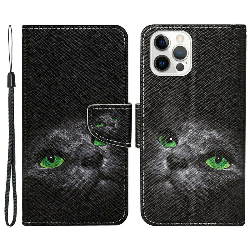 Custodia A Portafoglio iPhone 13 Pro Occhi Di Gatto Verdi Con Cordino