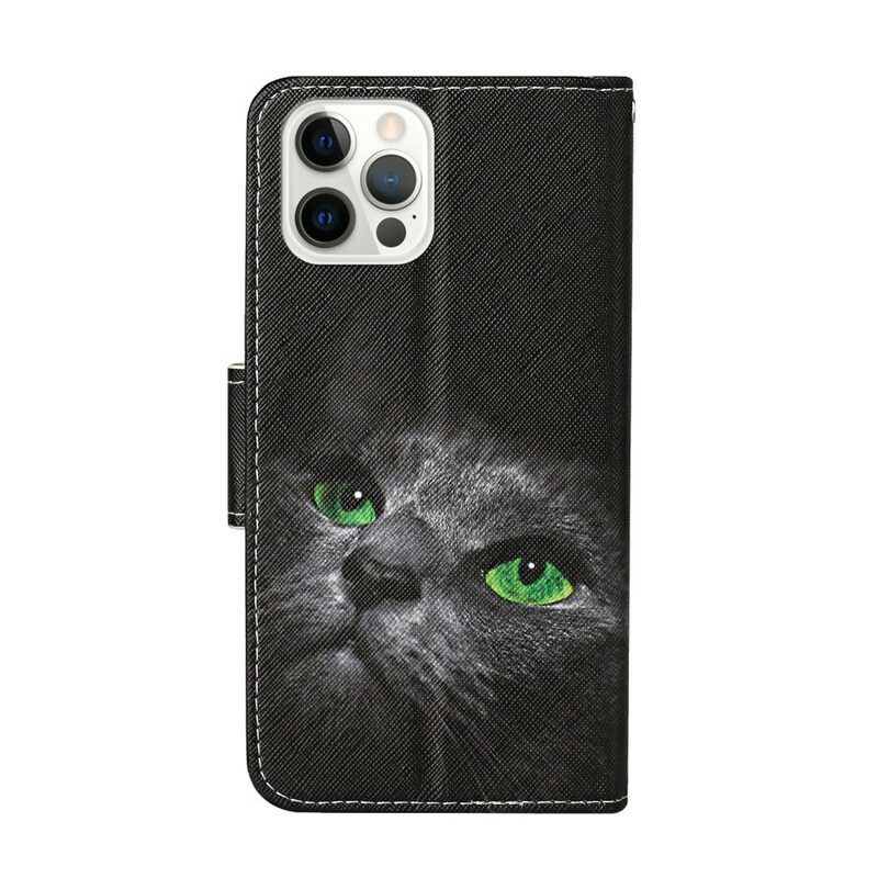 Custodia A Portafoglio iPhone 13 Pro Occhi Di Gatto Verdi Con Cordino