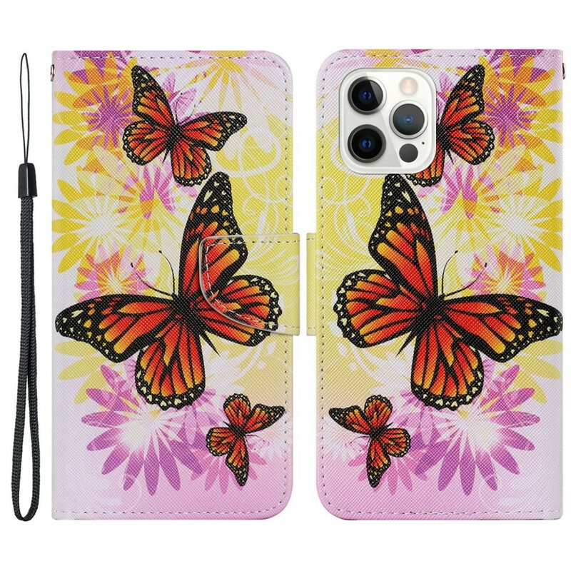 Custodia in pelle iPhone 13 Pro Farfalle E Fiori Estivi