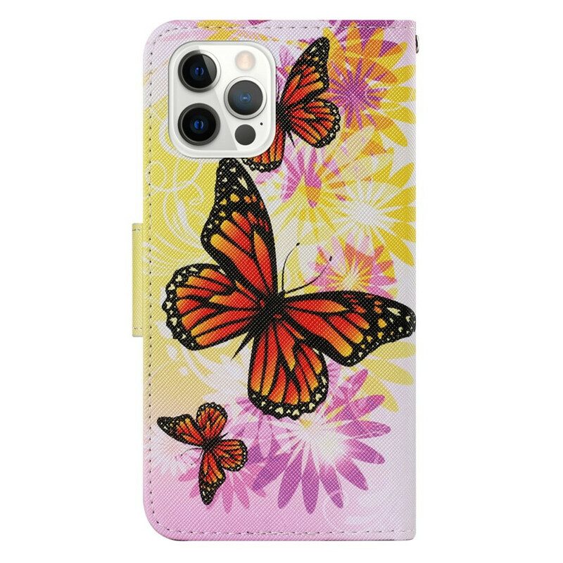 Custodia in pelle iPhone 13 Pro Farfalle E Fiori Estivi