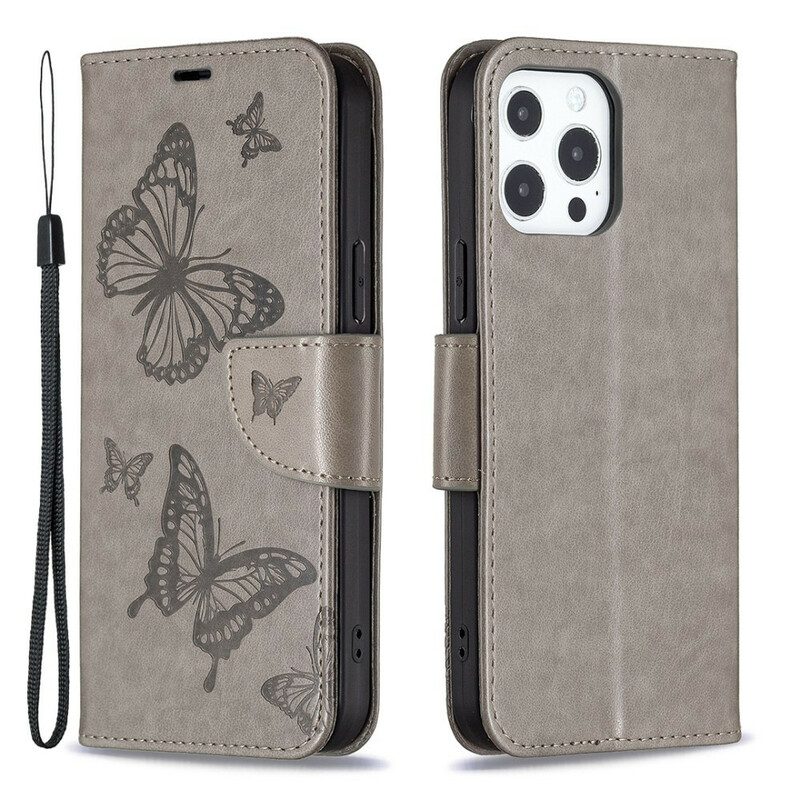 Custodia in pelle iPhone 13 Pro Farfalle Stampate Strappy