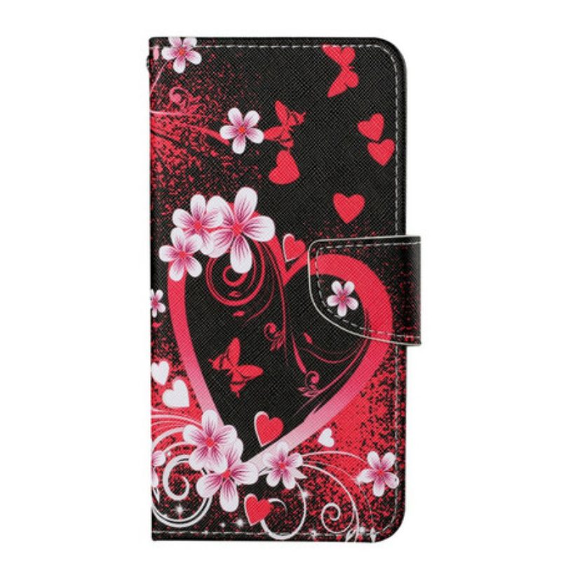 Custodia in pelle iPhone 13 Pro Fiori E Cuori Con Cordino