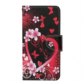 Custodia in pelle iPhone 13 Pro Fiori E Cuori Con Cordino