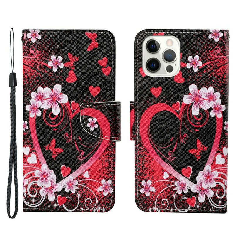 Custodia in pelle iPhone 13 Pro Fiori E Cuori Con Cordino