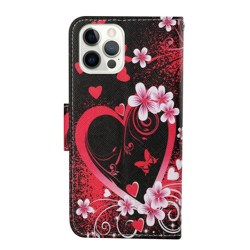 Custodia in pelle iPhone 13 Pro Fiori E Cuori Con Cordino