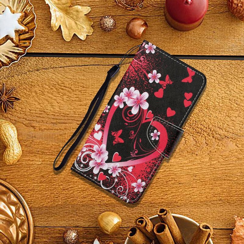 Custodia in pelle iPhone 13 Pro Fiori E Cuori Con Cordino