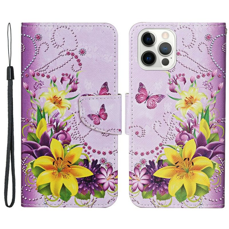 Custodia in pelle iPhone 13 Pro Fiori Magistrali Con Cinturino