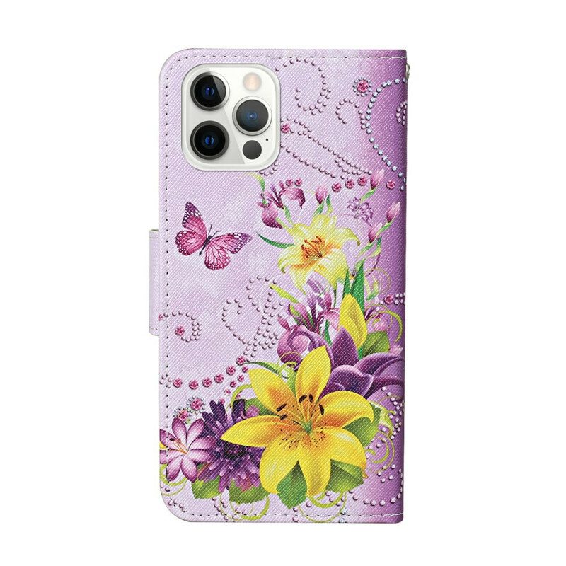 Custodia in pelle iPhone 13 Pro Fiori Magistrali Con Cinturino