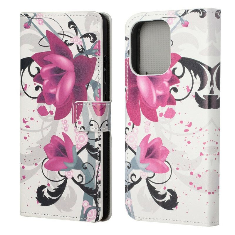 Custodia in pelle iPhone 13 Pro Fiori Tropicali