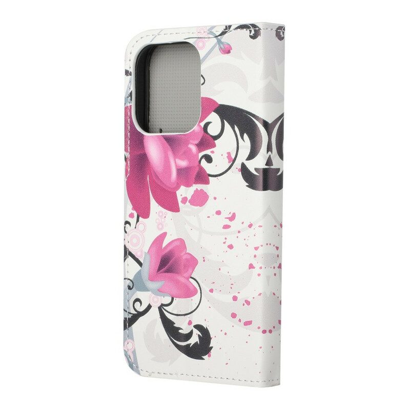 Custodia in pelle iPhone 13 Pro Fiori Tropicali