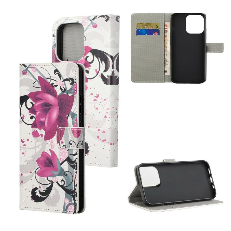 Custodia in pelle iPhone 13 Pro Fiori Tropicali