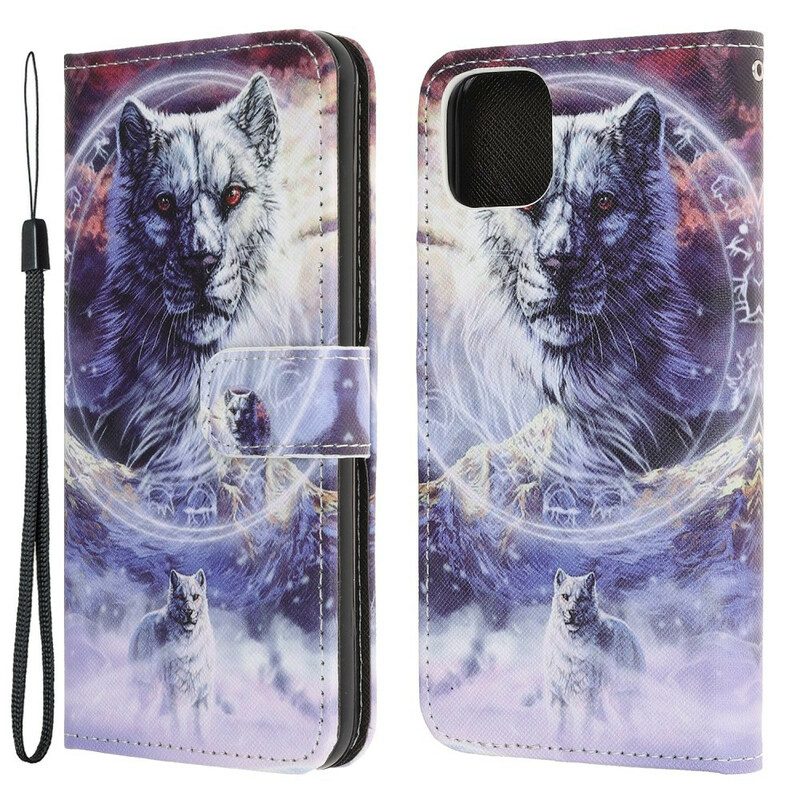 Custodia in pelle iPhone 13 Pro Lupo In Inverno Con Cordino