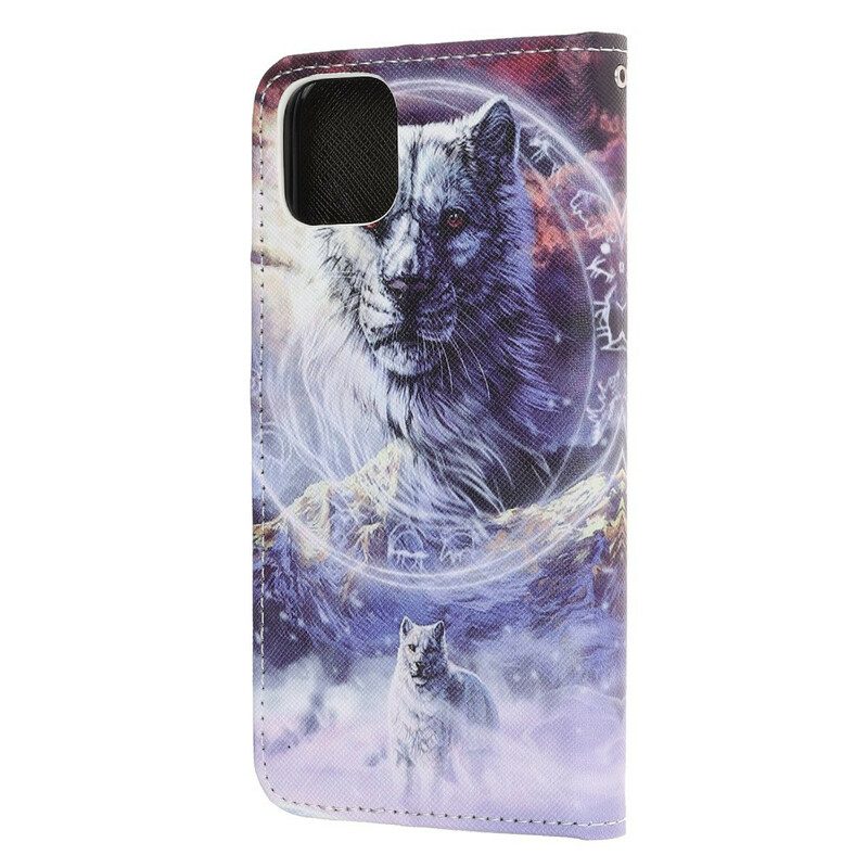 Custodia in pelle iPhone 13 Pro Lupo In Inverno Con Cordino