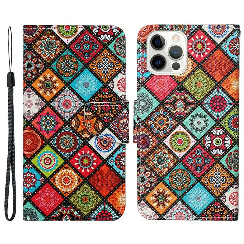 Custodia in pelle iPhone 13 Pro Mandala Patchwork Con Cordino