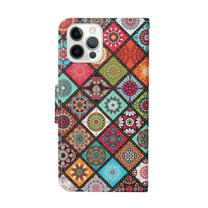 Custodia in pelle iPhone 13 Pro Mandala Patchwork Con Cordino