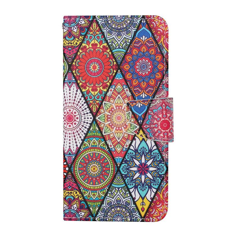 Custodia in pelle iPhone 13 Pro Patchwork Con Cordino