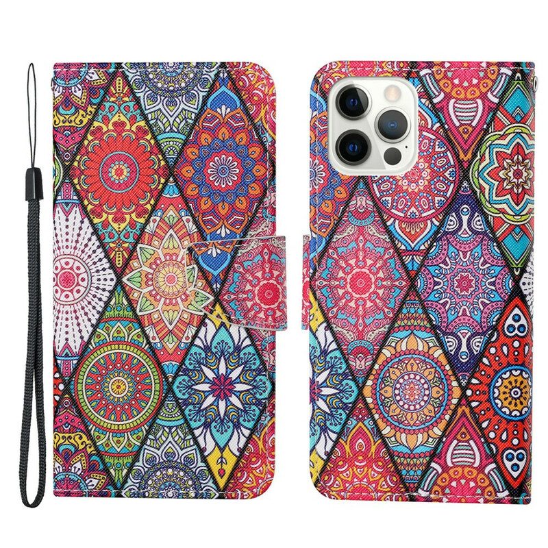 Custodia in pelle iPhone 13 Pro Patchwork Con Cordino