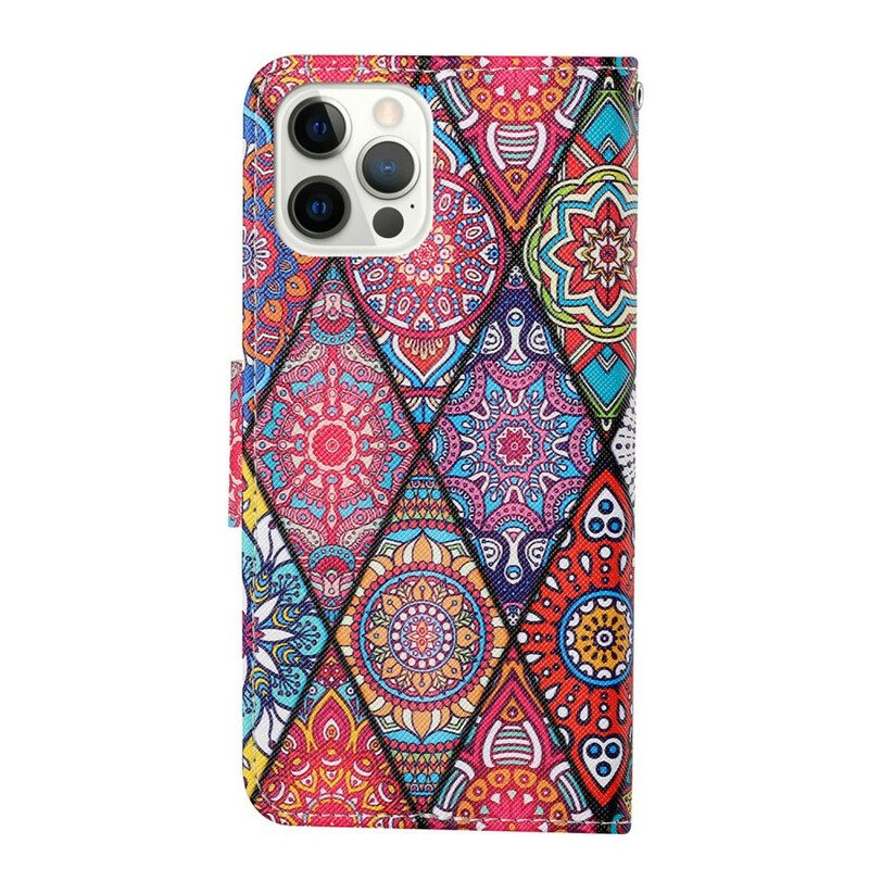 Custodia in pelle iPhone 13 Pro Patchwork Con Cordino