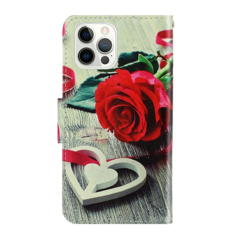 Custodia in pelle iPhone 13 Pro Rosa Romantica Con Cinturino