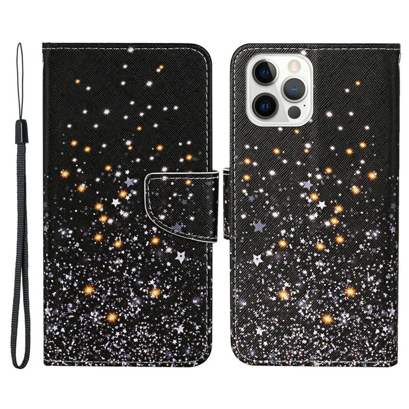 Custodia in pelle iPhone 13 Pro Stelle E Paillettes Con Cordino