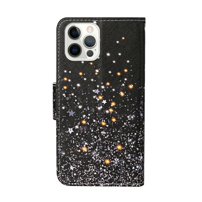 Custodia in pelle iPhone 13 Pro Stelle E Paillettes Con Cordino