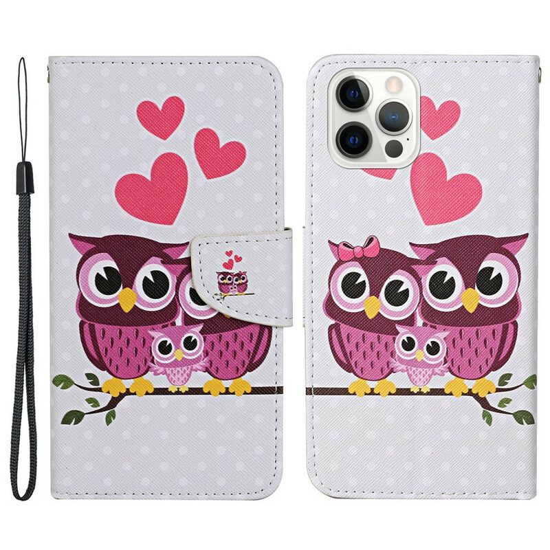 Folio Cover iPhone 13 Pro Famiglia Di Gufi Con Cordino