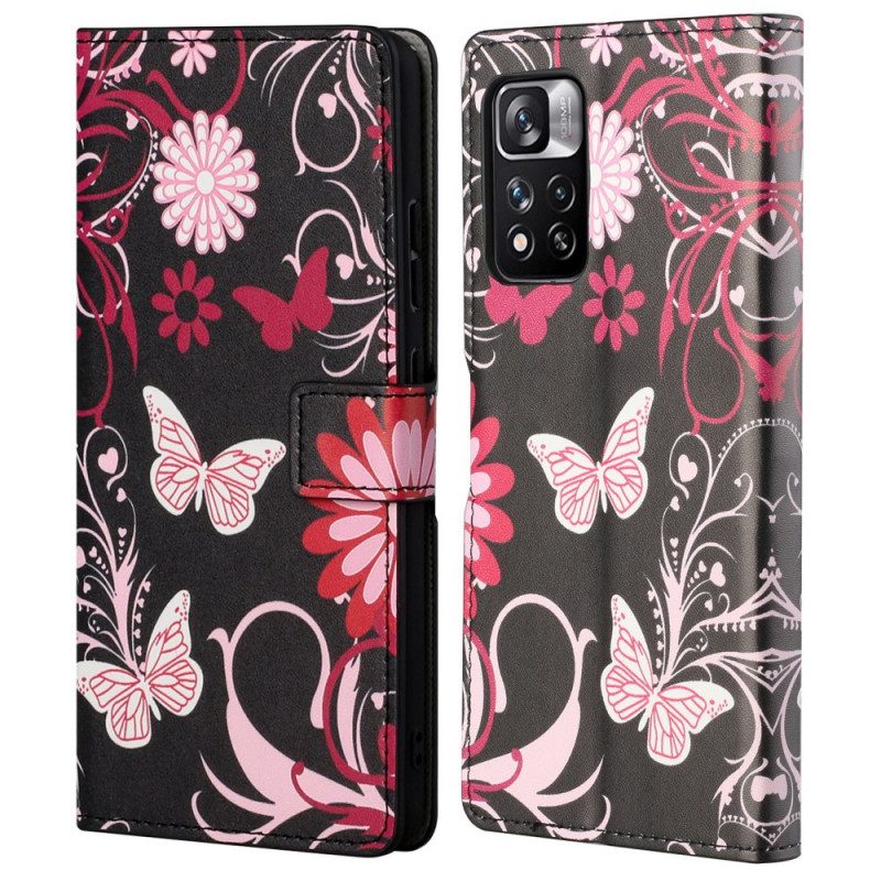 Custodia in pelle Xiaomi Redmi Note 11 Pro / 11 Pro 5G Farfalle E Fiori