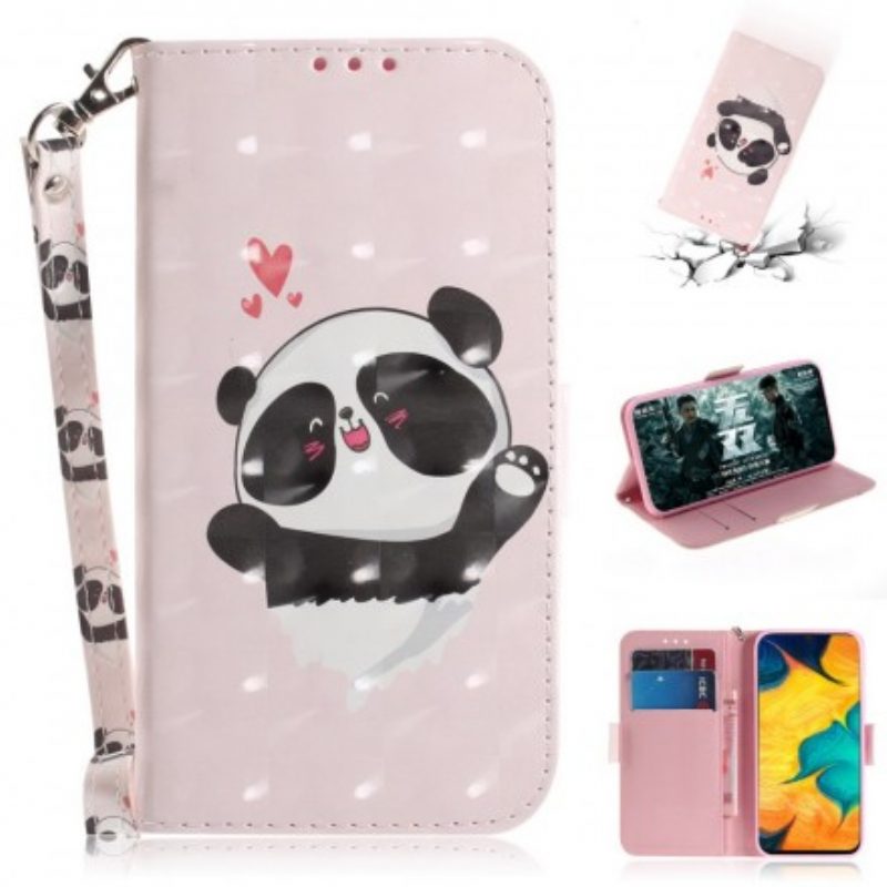 Custodia in pelle Samsung Galaxy A30 Panda Love Con Cordino