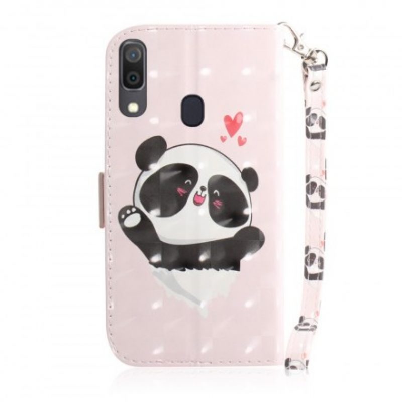 Custodia in pelle Samsung Galaxy A30 Panda Love Con Cordino