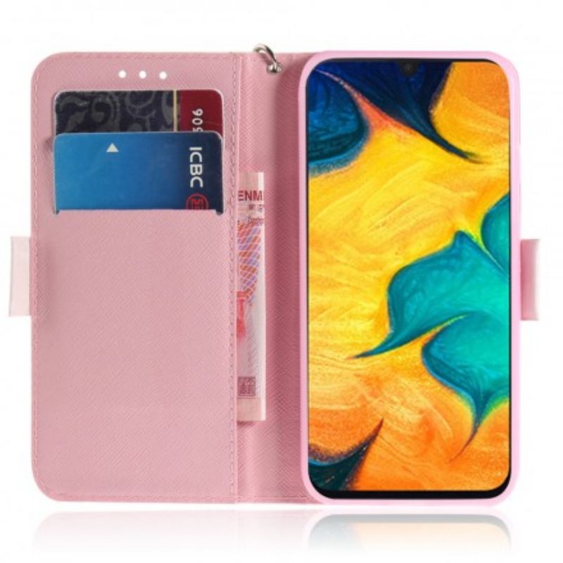 Custodia in pelle Samsung Galaxy A30 Panda Love Con Cordino