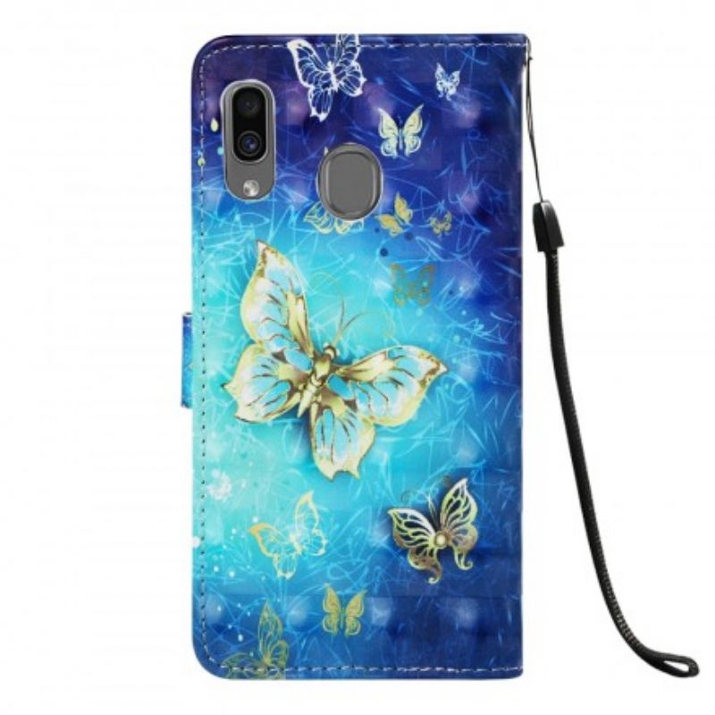 Folio Cover Samsung Galaxy A30 Farfalle Dorate Con Cinturino