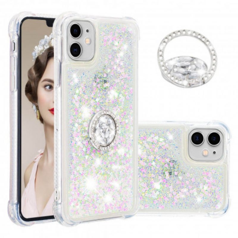 Cover iPhone 11 Paillettes Con Diamanti Sostegno Anello