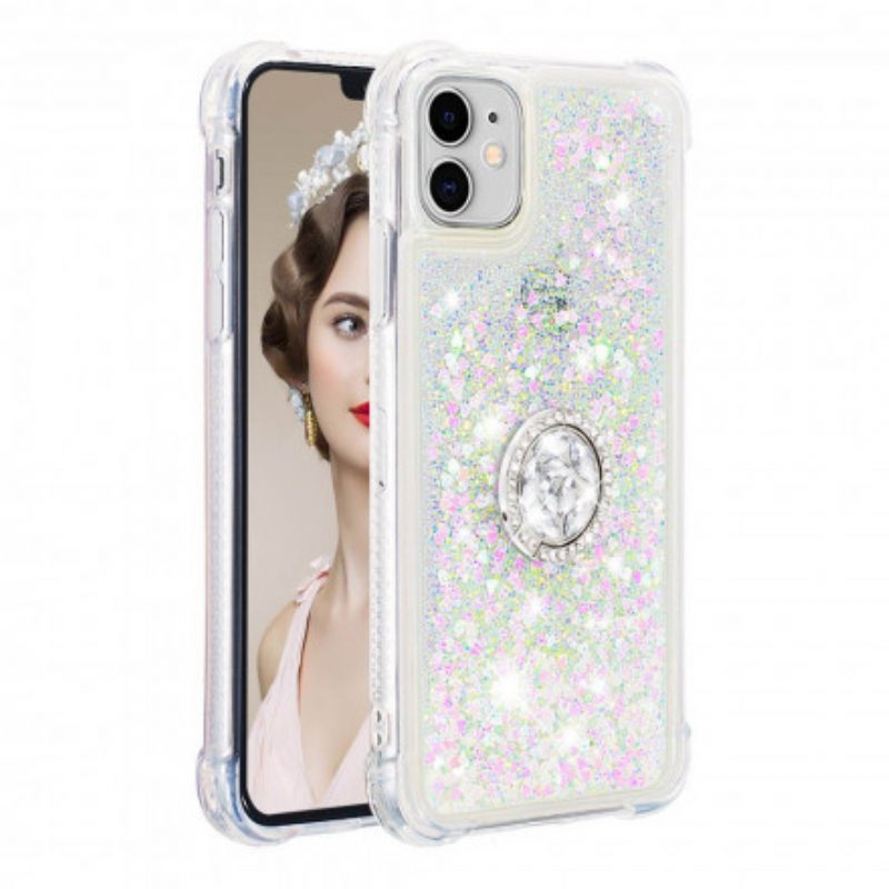 Cover iPhone 11 Paillettes Con Diamanti Sostegno Anello