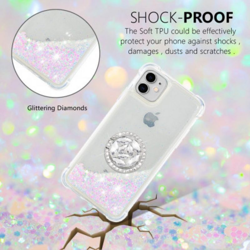 Cover iPhone 11 Paillettes Con Diamanti Sostegno Anello