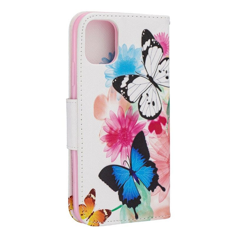 Custodia in pelle iPhone 11 Farfalle E Fiori Dipinti