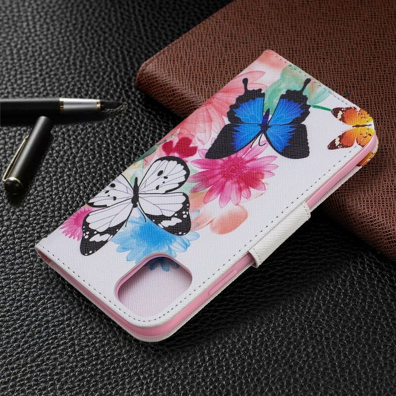 Custodia in pelle iPhone 11 Farfalle E Fiori Dipinti