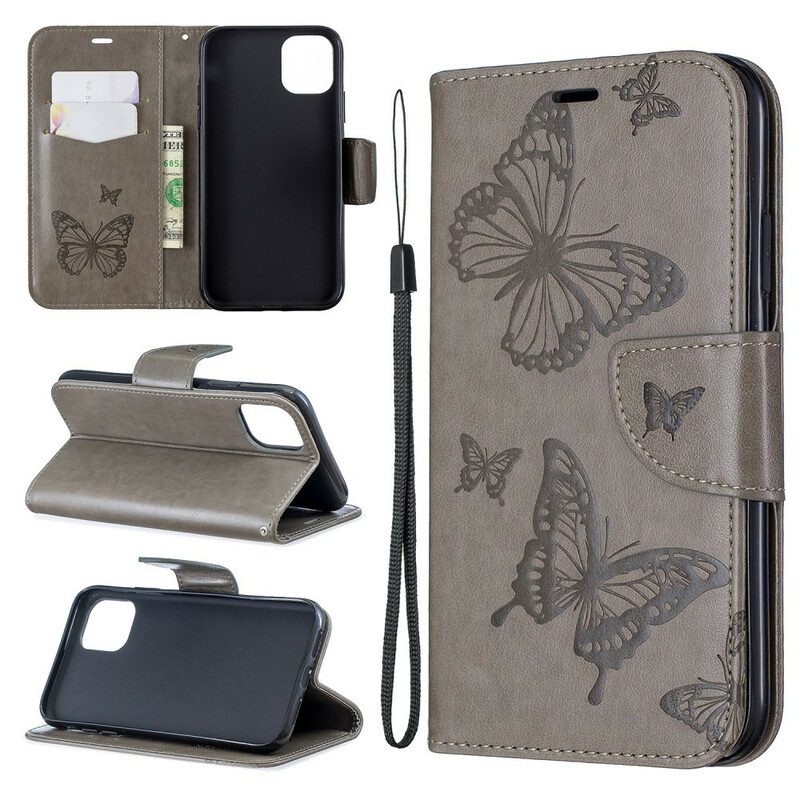 Custodia in pelle iPhone 11 Farfalle Stampate Strappy