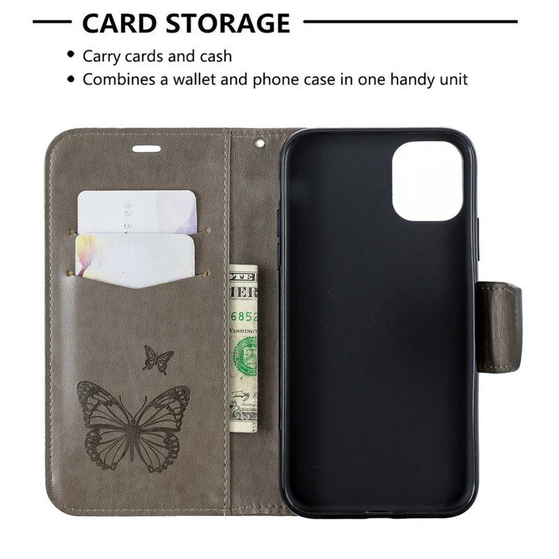 Custodia in pelle iPhone 11 Farfalle Stampate Strappy