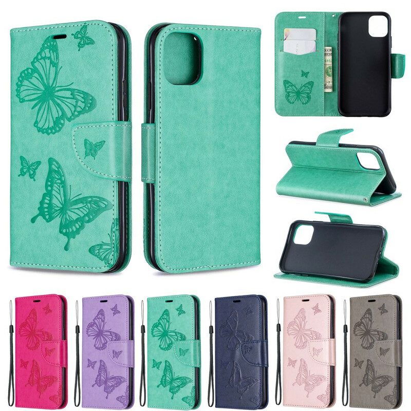 Custodia in pelle iPhone 11 Farfalle Stampate Strappy