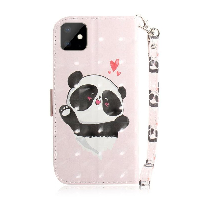 Custodia in pelle iPhone 11 Panda Love Con Cordino