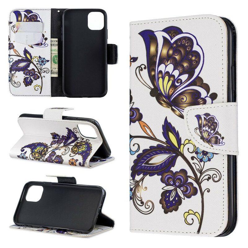 Custodia in pelle iPhone 11 Tatuaggio Farfalle